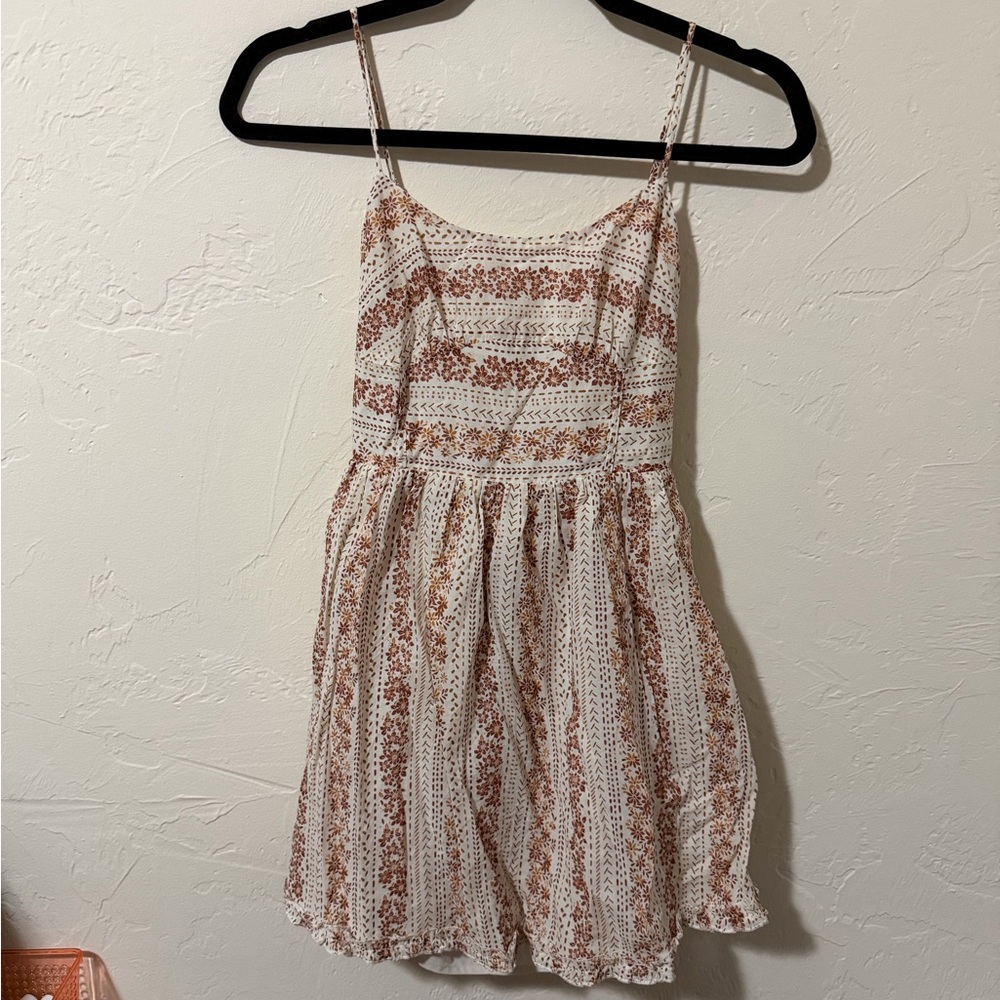 White & Brown Floral Mini Dress with Spaghetti Straps